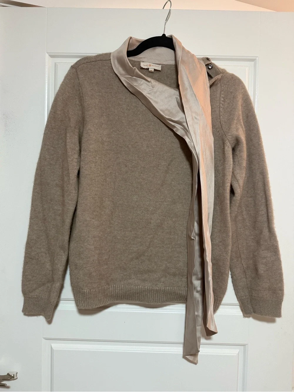 Tory Burch Taupe Scarf-Neck Wool Blend Sweater